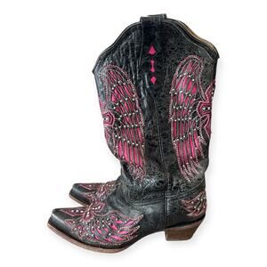 Corral Vintage Western Black Pink Leather Cowboy Boots Wings Cross 11 Wide